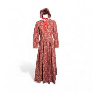 Vintage Prairie Colonial Pioneer Red Floral Dress & Bonnet Handmade Medium T4